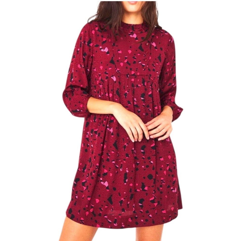 BA&SH Telma Burgundy Print Lady Dress | ¾ Sleeve Boho Sheath Sz 1 (S/4) bordeaux